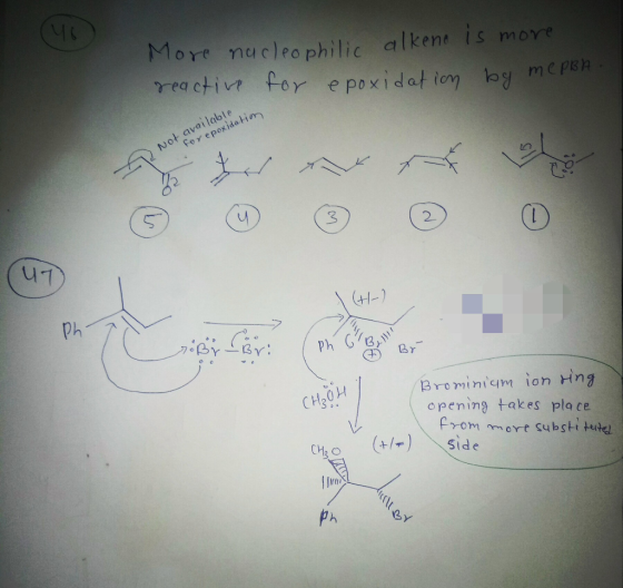 More nucleophilic alkeno is more reactive for epoxidation by me psa for epoxidation 1 Not available CH₃OH) Brominium ion ring