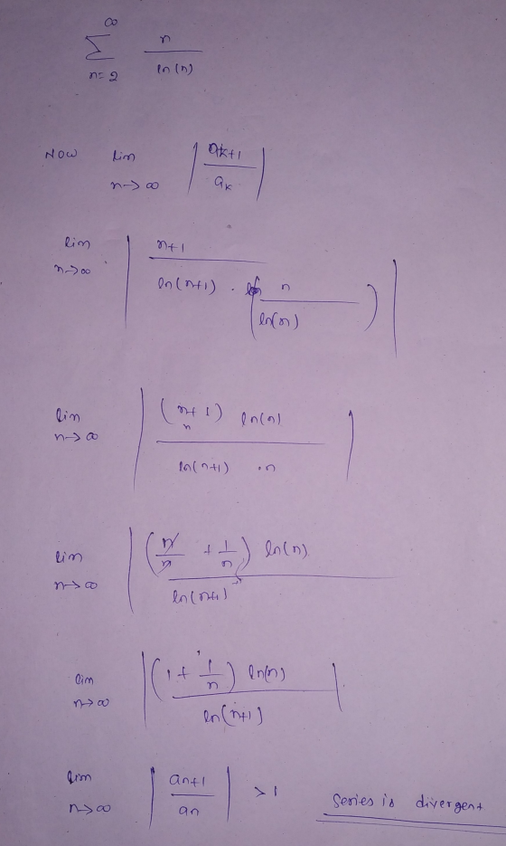 n = 2 usM Now Now Okt! lim lim 1TKE! lim NAL nco ln (of) la in ( ln(o) (MI) Oncol la n+1) on lim ( ++) loen lo (na) I no Cim