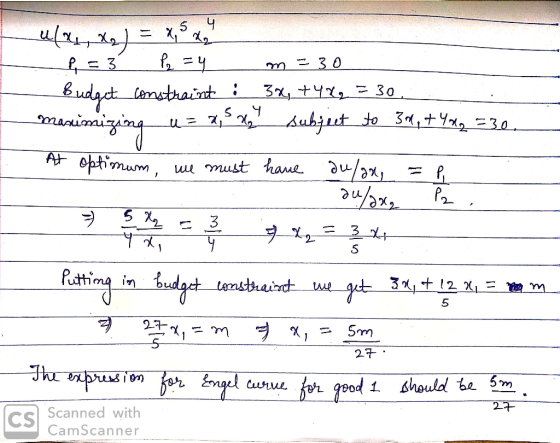 ulay, xg) = x L ļ = 3 P =4 __m =30 Budget constraint : 32, +42₂ = 30. maximizing u= a subject to 30, +40o =30 At optimum, we