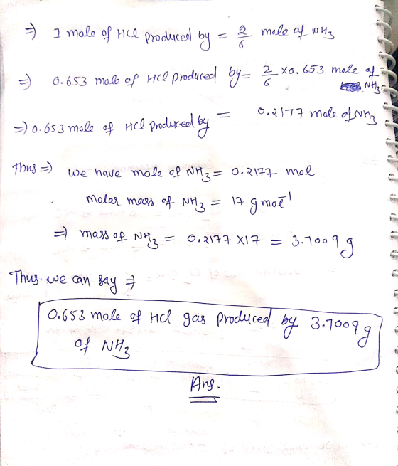 I = I mole of Hice produced by = 2 mole of why 5) 0.653 malo op Hel produced by= 2 x0.653 mole of KEER N Her =>0.653 Male of