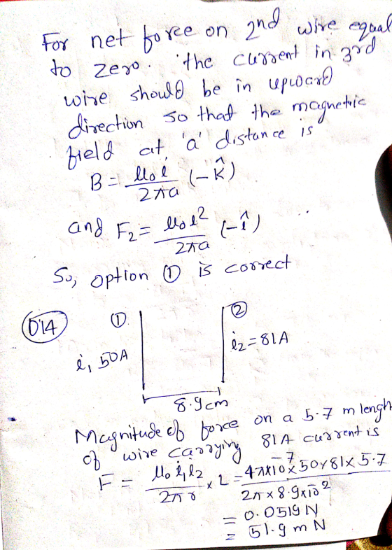 re on 2nd wire For net for equal to Zero. the current in 3rd wire should be in upward direction so that the magnetic field at