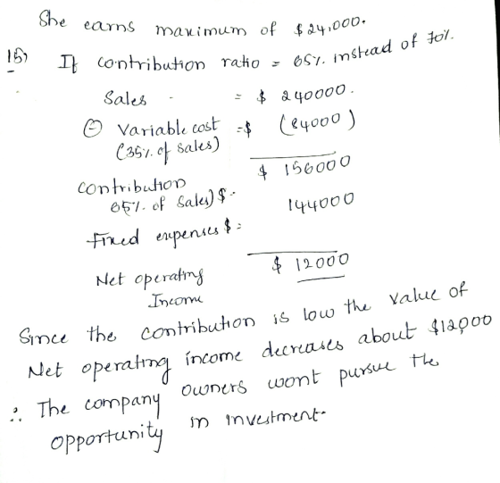 She cams manimum of $24.000 $24,000. 657. instead of fol. It contribution ratio = 654. inste - Sales . - $ 240000 ☺ Variable