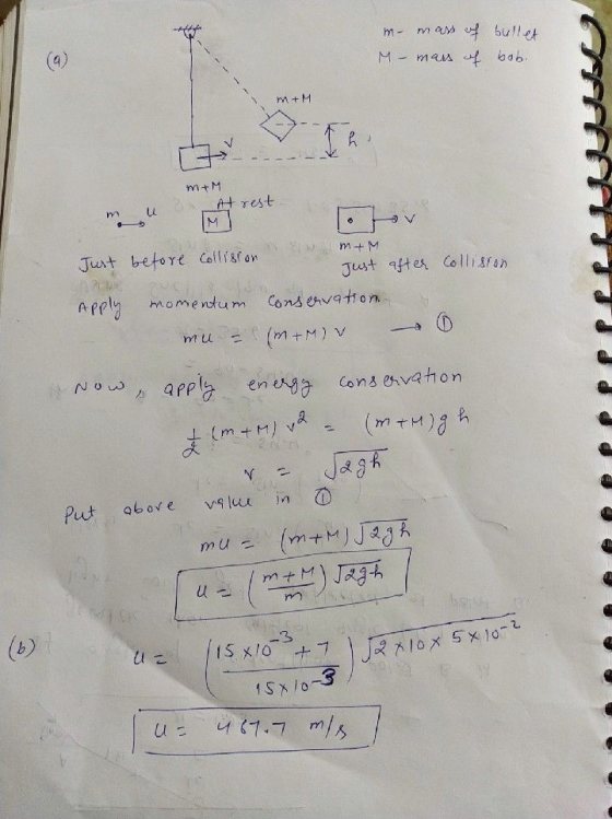 m- mass of bullet M - mass of bob. m+M I m+M u At rest. m . m+M Just before collision Just after collision Apply momentum Con