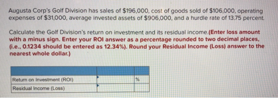 Augusta Corps Golf Division has sales of $196,000, cost of goods sold of $106,000, operating expenses of $31,000, average in