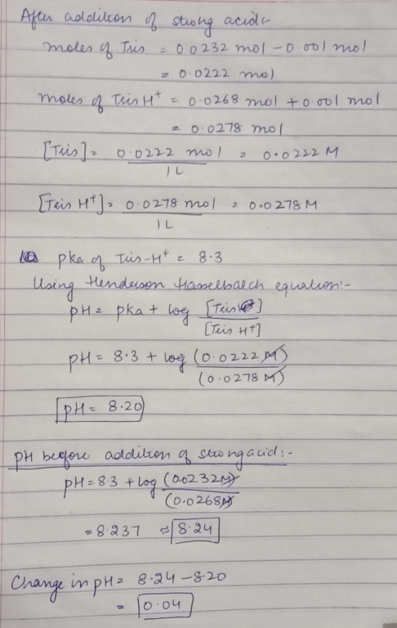 After addition of strong acide moles of Tris - 0.0232 mol-0.001 mol z 0.0222 mol moles of Tris H t = 0.0268 mol to.ool mol 2