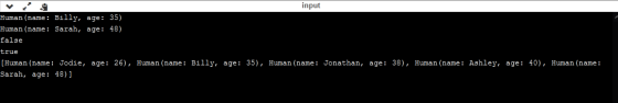 input Human (name: Billy, age: 35) Human (name: Sarah, age: 48) false true (Human (name: Jodie, age: 26), Human (name: Billy,