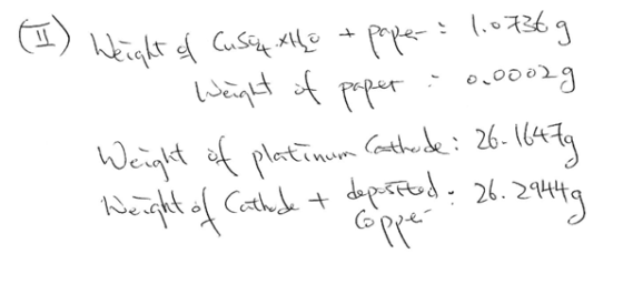 (1) Weight of Cusun the + paper 1.0736g - Weight of paper : 000029 Weight of platinum Cathode: 26-16479 Weight of Cathede + d