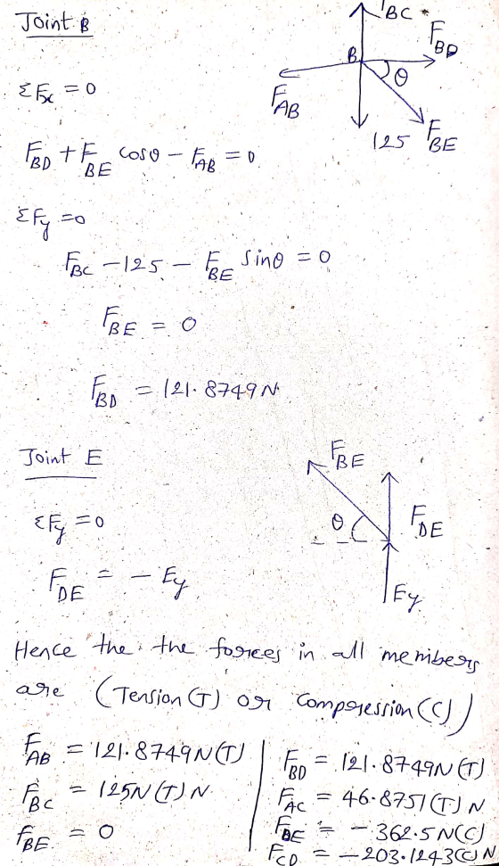 Joint BC Fo BD E Fc =0 FAR 125 BE FAD TE COSO - FAR · 0 .W Efy = FBC -125 Sino =0 BE Free BE BO (21.8749 N Joint FB 0 od te E