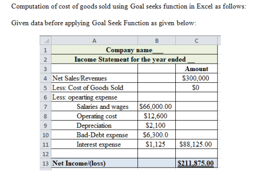 Computation of cost of goods sold using Goal seeks function in Excel as follows: Given data before applying Goal Seek Functio