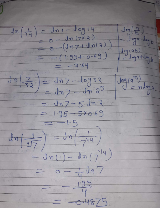 In t log/9) Jogatilan = Ini-Jogi4 - o- In (782) = o (ln7+1012 ) = -07:95+0.69) = -2164 b = 1n7-10938 = dny - In 25 = ln 7-5 d
