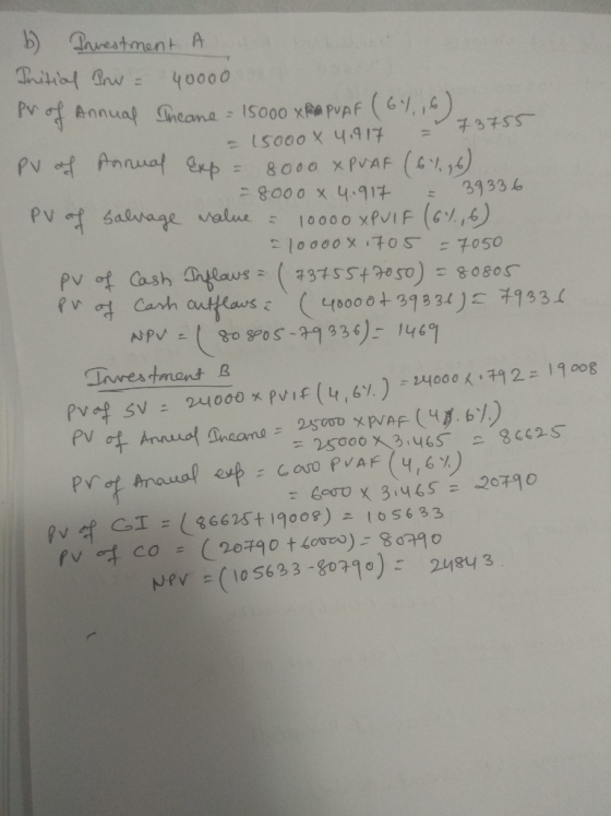 = 73755 = 15000X 4.917 b) Prvestment A Initial Brw = 40000 Prof Annual Theane = 15000 XRMPUAF (64,6) PV of Annual Exp = 8000
