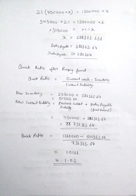 2.1 (450000+)) = 1200000 +X 945000 + 2) = 1200000 +X +315000 = 71.12 2 = 286363.636 Notes payable = 286363. 64 Notes payable