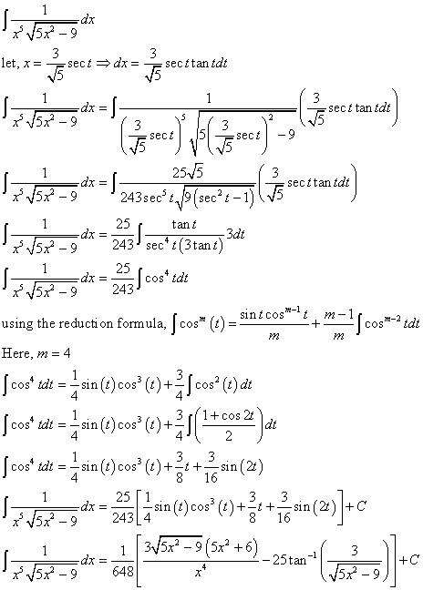 1 Xſr – 9 3 let, x= sect dx= 3 secttan tdt 15 1 1 sect tan tdt 3 sect 15 3 secttan tdt 1 tant 3dt 1 25 243 -1 1 -1 + I cogna