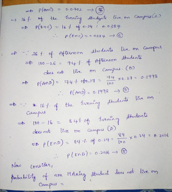– 16 f. campusle). Pland) - 0.0702 5. of the Evening studente live on P(End) = 164 of 0.24 - 0.0384 P (Enc) = 0.0384 → © U TA