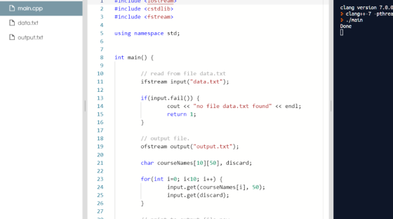 inciude lostream clang version 7.0.0 clang+-7 -pth rea : ./main D main.cpp #include <cstdlib> #include <fstream> data.txt 4 D