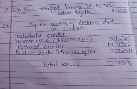 (2) Nou is, Retained Eamings Dr 807500 - 2020 Dindend Payable 807500 y section of Balance sheet Dec 31, 2020 Contributed capi