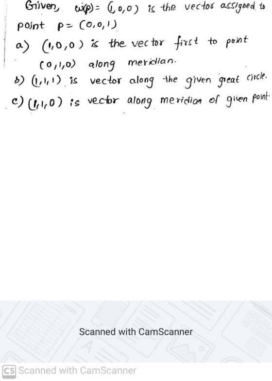 Given, wip) - 6,0,0) is the vector assigned to point p= (0,0,1) a) (1,0,0) is the vector first to point (0,1,0) along meridia