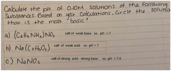 Calculate the pH of 0.10M solutions of the following Substances. Based on your calculations, Circle the soluka that is the mo