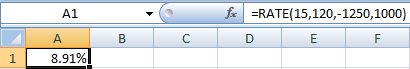 A1 fix =RATE(15,120,-1250,1000) D E F B C 18.91%