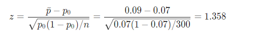 р-ро уро (1 – ро)/п 0.09 – 0.07 0.07 (1 – 0.07) /300 = 1.358