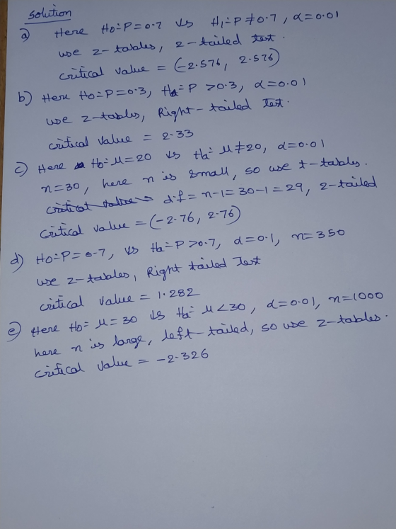 solution a Here Hoop=0.7 vs Hip to 7, Q=0.01 - use z- tables, a- tailed test. critical value = €2.576, 2-576) b) Here Ho=p=0.