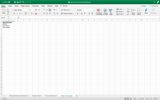 AutoSave OFF ñHE SU Horizontal Financial Statement Home Insert Draw Page Layout Formulas Data Review View Tell me Share 0 Com