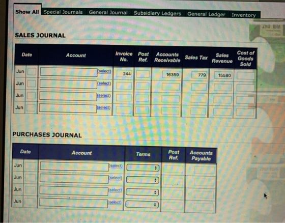 Show All Special Journals General Journal Subsidiary Ledgers General Ledger Inventory SALES JOURNAL Date Account Invoice Post
