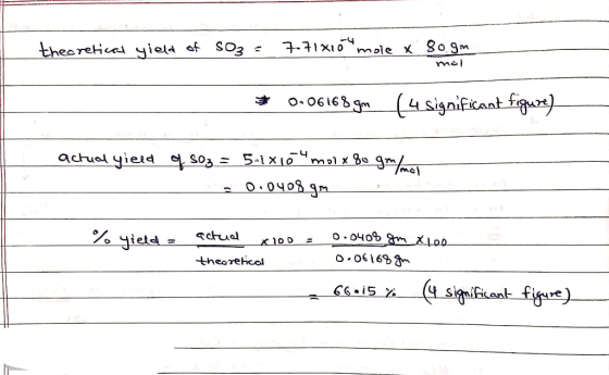 771x10mnole gogm theeretical yield of SO3 mol 0-06163gm (4significant figuz) actual yield so3 ০.০५०६ gn o.040 XLoo %yield ctu
