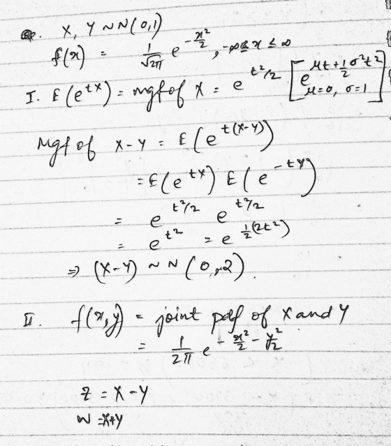 PEL X, Y N N (011) f(3) = be, PX30 I. f lety) = mgfeft:ets et Migf of x- y = E(et(*) =fle +r) Elety » (X+Y) ~ N (09) I. f(%,