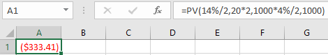 X fax A1 A ($333.41)! =PV(14%/2,20*2,1000*4%/2,1000) D F G B C