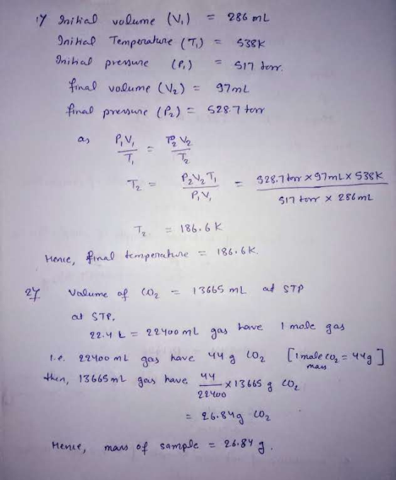 286 mL voQume (V,) y InihaD Iniha Tempratune (T) 438K rihad preMune 6I7 derr fimal volume (Ve) 47mL final presune (P) 5287 to