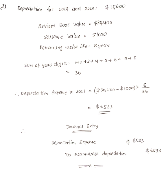 Depreciation o 2014 and 2020 $15600 439400 Revised Boot value looo sillage valuc = Remauning usefus hfe = 8 yeas sm of yeas d