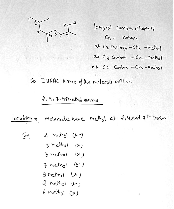 us longest Carbon Chain is Cg - nonan at C2 Carbon -CH₂-methyl at cu carbon - Chz-methyl at (A Carbon -CH₂-methyl so IUPAC Na
