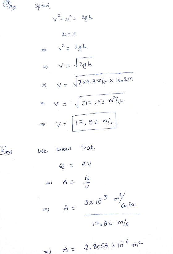 Opy Speed V v23 h 2xq.8 mX 16.2m 31.52 m 1.82 m/s fnat, Enouo We A V A = 3x IO m A .82 m/s 2.8058 x 1o m2 A =