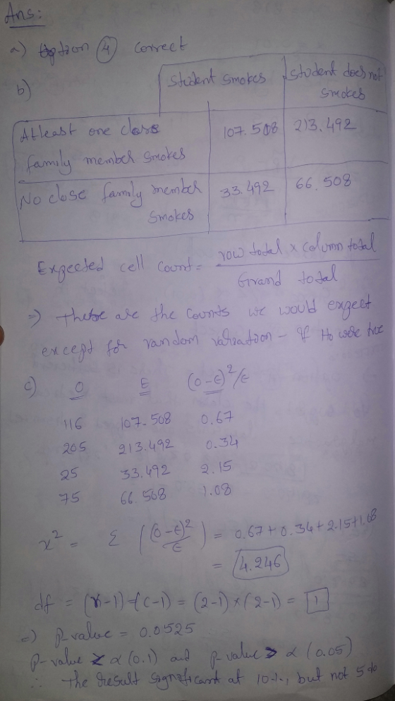 Ans: a) top toon 4 correct student smokes student does not smokes 107.508 23,492 Atleast one class family member Smokes No cl