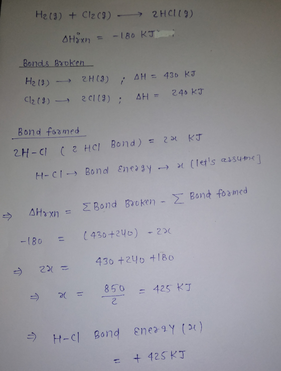 He(g) + Cl2 (9) 2HCllg) Hoxn = -180 KT i Bonds Broken H₂ (8) 2.H (9) AH = 430 KJ C/2 (9) 20119); AH = 240 KT Bond formed 24-0