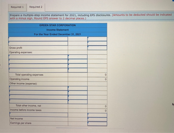 Required 2 Required 1 Prepare a multiple-step income statement for 2021, including EPS disclosures. (Amounts to be deducted s