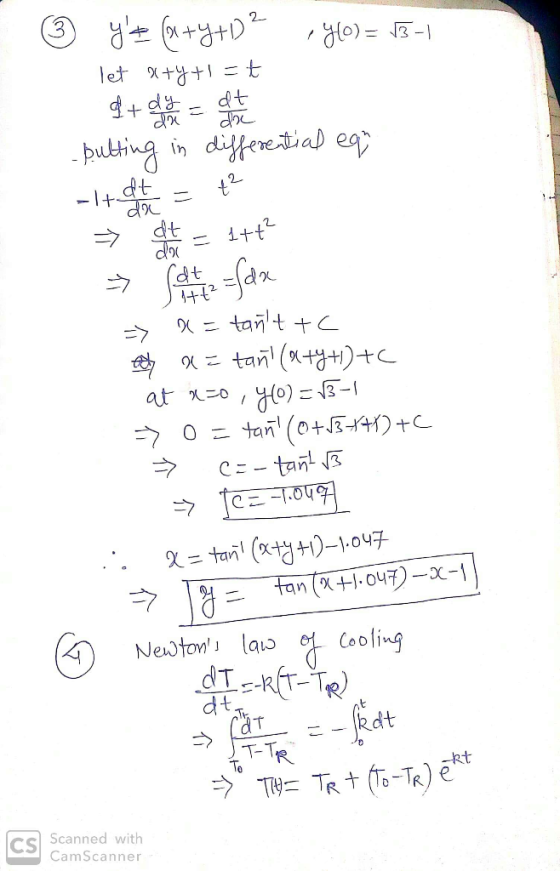 du ~ y= (x+y+02 400) = 13-1 let x+y+1 = t d+ d y = det har -pulting in differential egy -1+ dietet = 42 → At = 1++ Cast 2 fa
