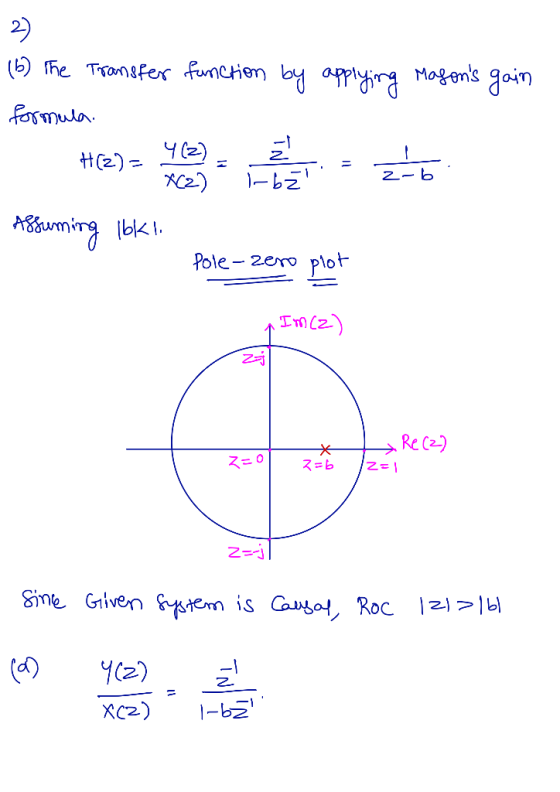 gain (2) (6) The Transfer function by applying Masons formula Hen hoe zob Assuming Ibki Pole-zero plot e) - 2 -b ↑ Im cz) 2=