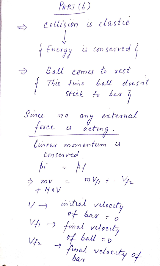 PART (6) Collision is elastie -) » 1. of Energy is conserved y Ball comes to rest & This time ball doesnt I stick to bas ? 1