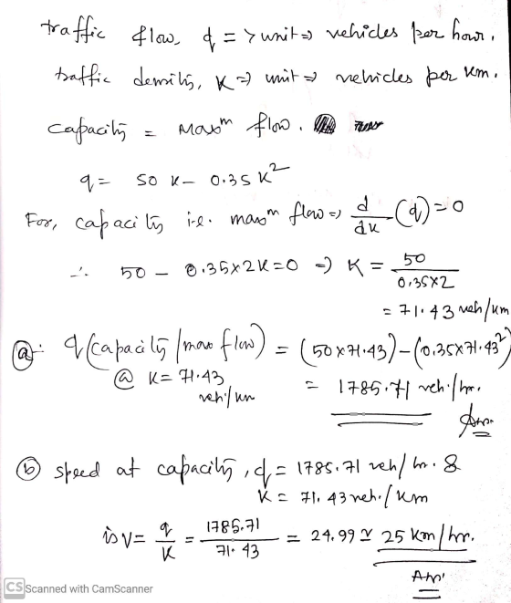 traffic flow. d = x unit and vehicles per hour, taffic demits, ka mita rehicles per rum. Capacity may flow. The q= so k 0.35