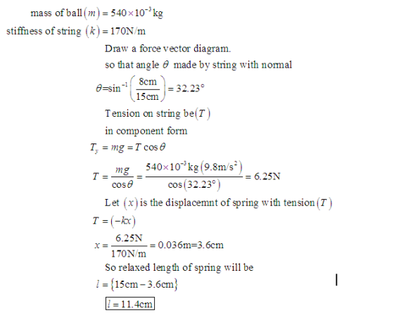 mass of ball(2n) = 540 x 10-3 kg stiffness of string (k) 170N/m Draw a force vector diagram so that angle θ made by string wi