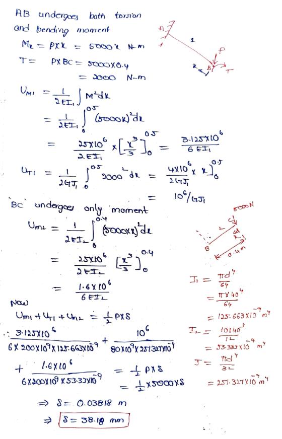 AB undergoes both torsion and bending moment Me = PXK A 1 = 5000K Nm TE PX BC = 5000X0.4 = 2000 Nom UMI 2 EI J mida 0.5 60000