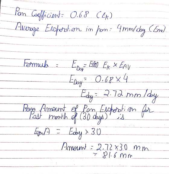 Pom Coefficient = 0.68 CER) Average Enghortion in pom: 4 mm/dowy (En). Formula : Esa Ella Ex x EAU Eday 0.68 x 4 Edy: 2.72 mm