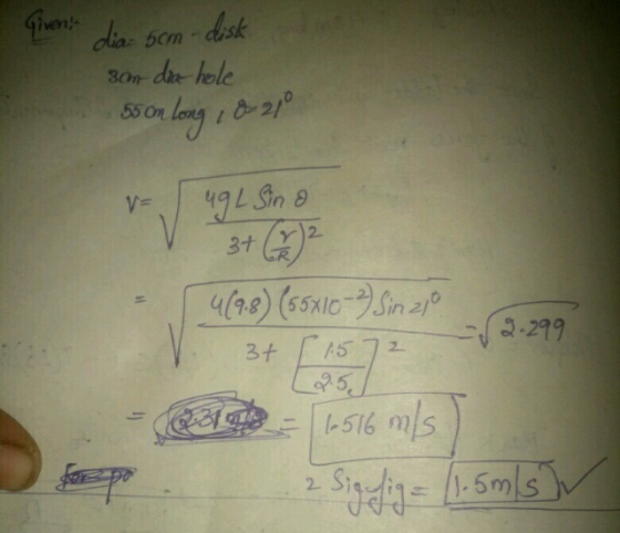 - Givent dia- som disk 30m dia hole ss on long , 0210 V- ug L Sind 3+ (x)2 [4 (9.8) (55x10-2) Sin 210 3+ [ 1572 (29.5) - Gà -