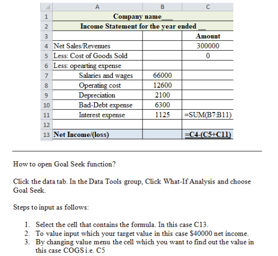А Bc Company name Income Statement for the year ended Amount 4 Net Sales/Revenues 300000 5 Less: Cost of Goods Sold 6 Less: o