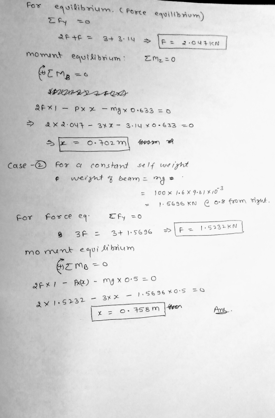 For equilibrium. (Force equilibrium) Ety =0 2F +F = 3+ 3.14 → F = 2.047KN moment equilibrium Eme=0 (EMB=0 SPOxNzret 2F XI - p