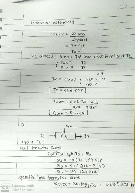 77 isentropic officienly nisem - Wison Wactural = T2-T Tal-J1 we already know Tal but ... PRIH T Now Find out T2 PI 0.4 R = 2