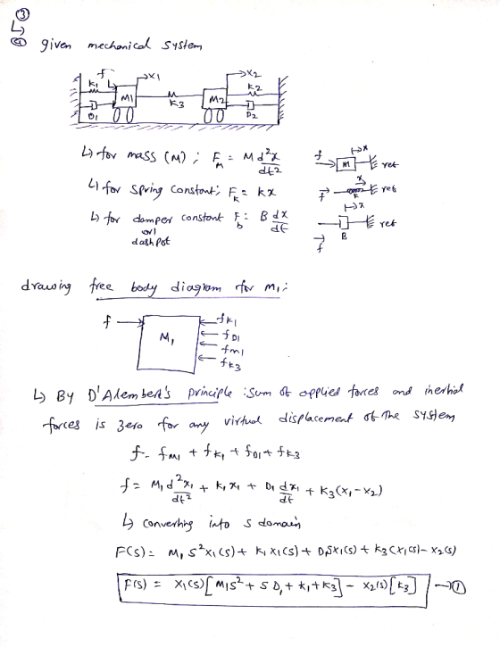 given mechanical system X ki MA M21 2 파 P2 for mass (m) ; on Im Evet = Md²x dta 41 for Spring Constant; F= kx L for damper co