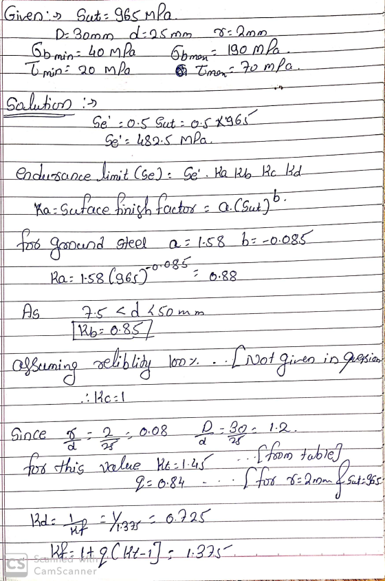 9.20m obmoy - 190 mla Emen to mfa. Given is Sut=965 MPa D= 30mm d-25mm Gbmin 40 MPa I min 20 mpa Solution :) Se 0.5 Sut : 0.5